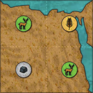 Alcune delle risorse presenti sulla mappa di gioco: spighe, rocce, selvaggina.<br/>Some of the resources on the game map: weath, rocks, game.</em>